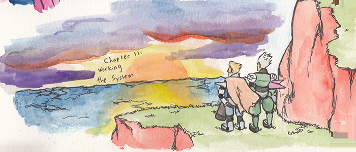 Chapter 11: Working the System. Chapter image depicts Teisel and Russell enjoying the sunset.
