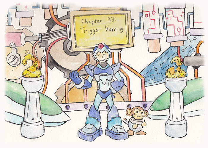 Chapter 33: Trigger Warning. Mega Man Trigger, standing and grinning in front of the Klicke Lafonica with Data. He looks quite a bit like X.
