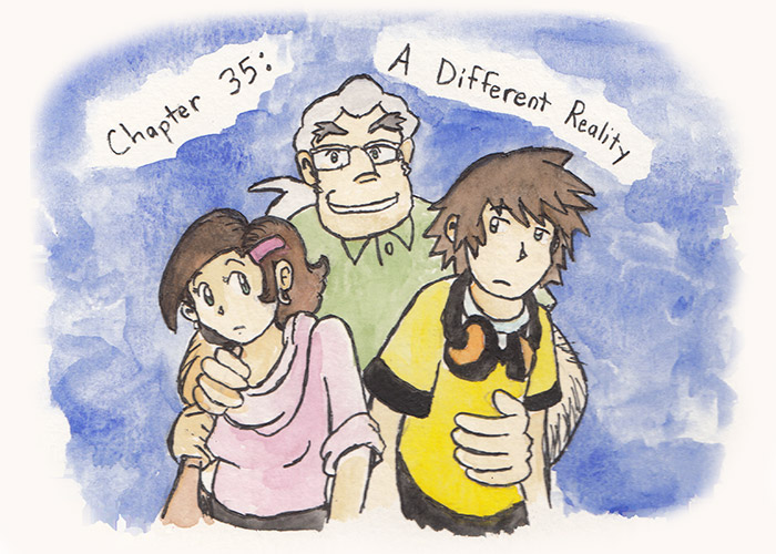 Chapter 35: A Different Reality. Illustration has Glasses-Teisel posing happily with an older Tron and teenager Bon. Tron looks confused and Bon has large yellow and black headphones around his neck and looks annoyed. Bon is noticeably taller than Tron. Fun fact, looking directly into Teisel's biological eyes will literally break your brain. Like eye contact with Medusa.