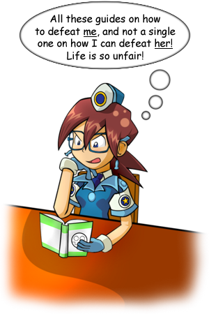 [ Artwork of Denise Marmalade reading a book, thinking to herself how unfair it is that there are guides for defeating her, but not a single one on how she can defeat Tron Bonne. ]