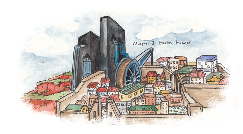 Chapter 1: Excuses, Excuses. Chapter image depicts Klickelan Island, as seen from the Teomo City side. In the middle is a landmark called Ghiotte summit, two black towers with a weird giant crane pulley thing at the base that was in the prototype screenshot, but serves no real function in the story. Apologies to anyone who was at the edge of their seat through the intro hoping the pulley thing would be the design element to save the planet. The city's on one side of the summit. It's larger than Kattelox's city and similarly walled, and it has a harbor and provincial-looking architecture. On the other side is just a bunch of wasteland with reddish dirt.