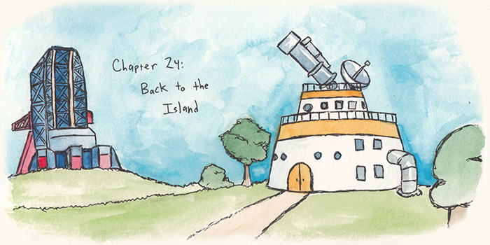 Chapter 24: Back to the Island. Chapter image depicts a landscape of the island where the rocket development project took place. To the left is the launchpad, which is tall and made of blue scaffolding with some red embellishments, and to the right is Roll and Tron's old lab, a squat, white two-story building with orange parapets and a satellite dish and telescope on the roof. The two floors are tiered like a two-layer wedding cake.