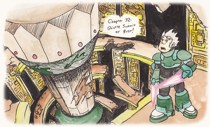 Chapter 32: Ghiotte Summit or Bust! Chapter image is Teisel in the main tower with obvious doubts about whether this was actually a good idea.